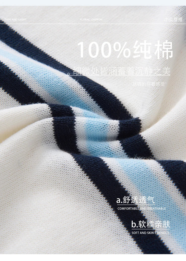 Summer 100% cotton women's T-shirt casual striped knit pullover short sleeved loose POLO collar Tees Pull fashion tops