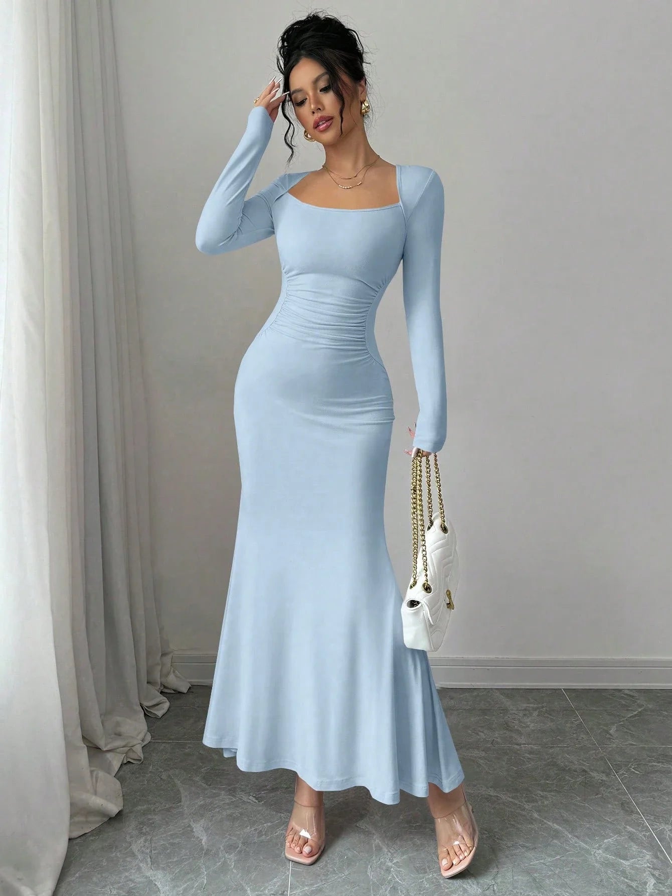 Women's Four Seasons New Style Women's Elegant Temperament Retro Solid Color Square Collar Long Sleeve Dress
