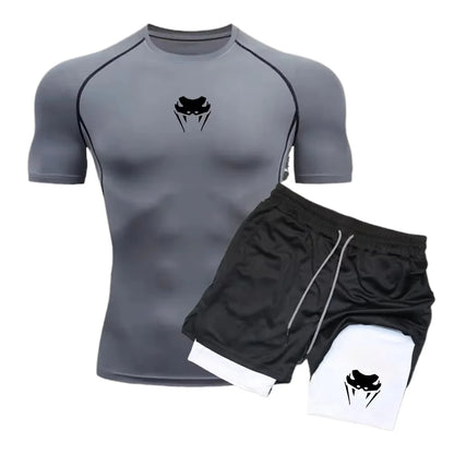 Men Compression Athletic Fitness Wear - Quick-Dry Tight Short-Sleeve Anime Double-Layer Shorts Summer Set Fitness Running Set