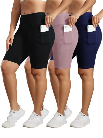 Solid Color Women Shorts with 3 Pockets Butt Lifting Workout Tights Stretch Athletic Five-pointed Pants Outdoor Fitness Shorts