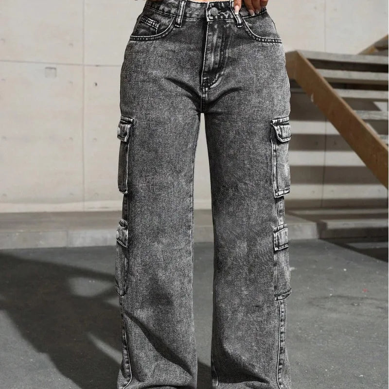 Profashion Jeans High Waist Stretch Cargo Pants Multiple Pockets Casual Trousers For Ladies Fashion Retro Style