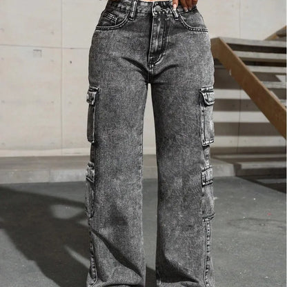 Profashion Jeans High Waist Stretch Cargo Pants Multiple Pockets Casual Trousers For Ladies Fashion Retro Style