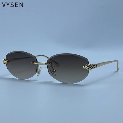 Vintage Rimless Oval Punk Sunglasses Men Luxury Designer Leopard Head Frameless Sun Glasses Hip Hop Outdoor Shades Eyewear