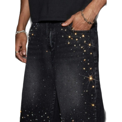 Men's Rhinestone Denim Shorts Baggy Raw Hem Jean Shorts Summer Casual Streetwear Y2K Black Washed No Stretch Pants
