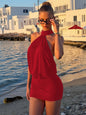 Hugcitar Fashion Halter Solid Sleeveless Backless Bandage Ruched Sexy Slim Mini Dress Summer Clothes Party Vacation Club