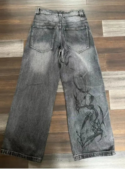 Mens Jeans Y2K Vintage Streetwear Black Gray Wide Leg Denim Pants Abstract Print Washed Distressed Loose Fit Dark Punk Fashion