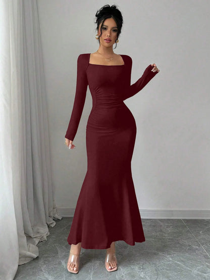 Women's Four Seasons New Style Women's Elegant Temperament Retro Solid Color Square Collar Long Sleeve Dress