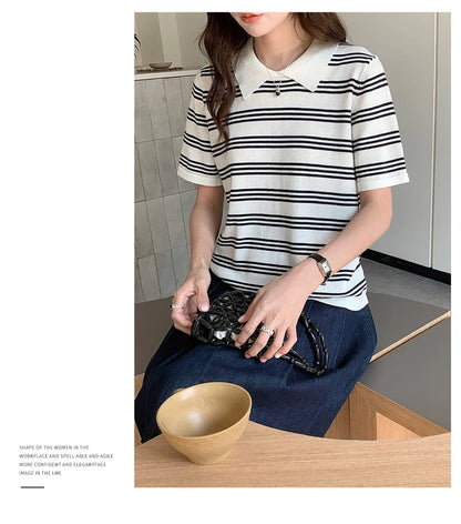 Summer women's100% cotton casual striped knitted T-shirt short sleeved loose POLO collar pullover Korean version fashionable top