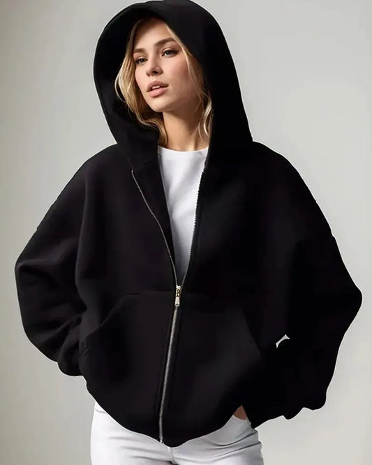 Women Oversized Zip Up Hoodie Solid Black Loose Full Zipper Hooded Sweatshirt Casual Pocket Streetwear Soft Thick Hooded Jacket