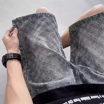 Loose Half Man Denim Shorts with Pockets Baggy Wide Long Ripped Bermuda Short Jeans Pants for Men Harajuku Blue Thin Retro Rude