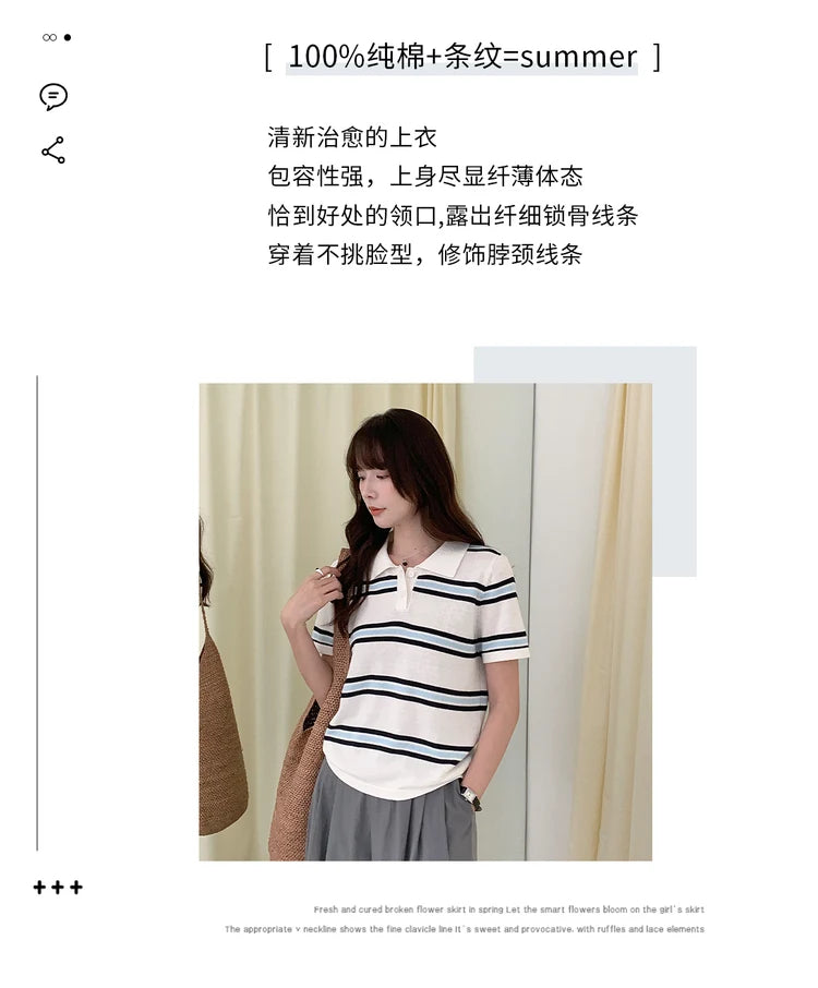 Summer 100% cotton women's T-shirt casual striped knit pullover short sleeved loose POLO collar Tees Pull fashion tops