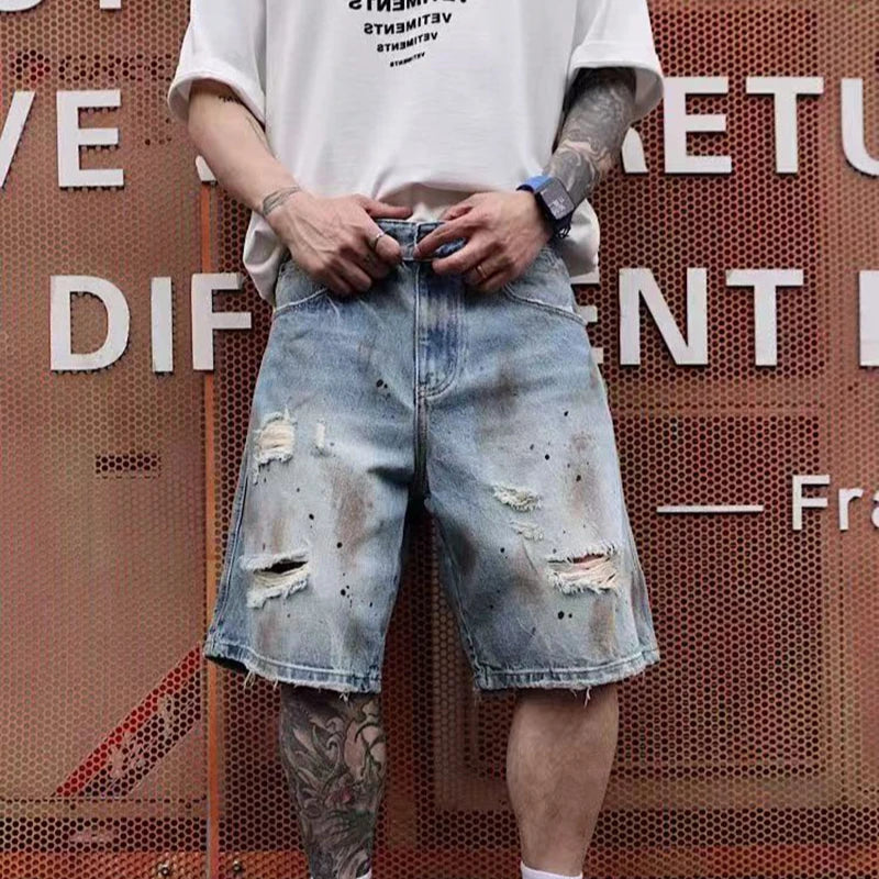 Men's Distressed Denim Shorts Heavyweight Summer Streetwear Loose Fit Fashion Five-Pocket Style European American Design