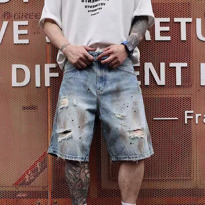 Men's Distressed Denim Shorts Heavyweight Summer Streetwear Loose Fit Fashion Five-Pocket Style European American Design