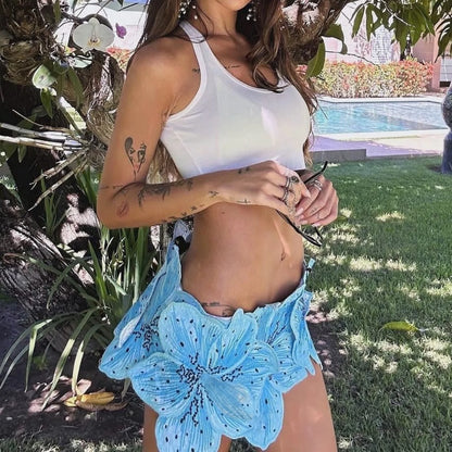 Turquoise Mini Skirt Women Summer 3D Textured Floral Petal Design Low Rise Short Skirt Club Party Skirts Streetwear