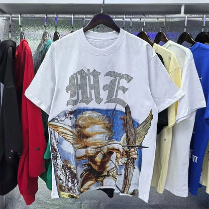 Unisex Couple Street Style Angel Print Summer Top Round Neck Short Sleeve T-Shirt