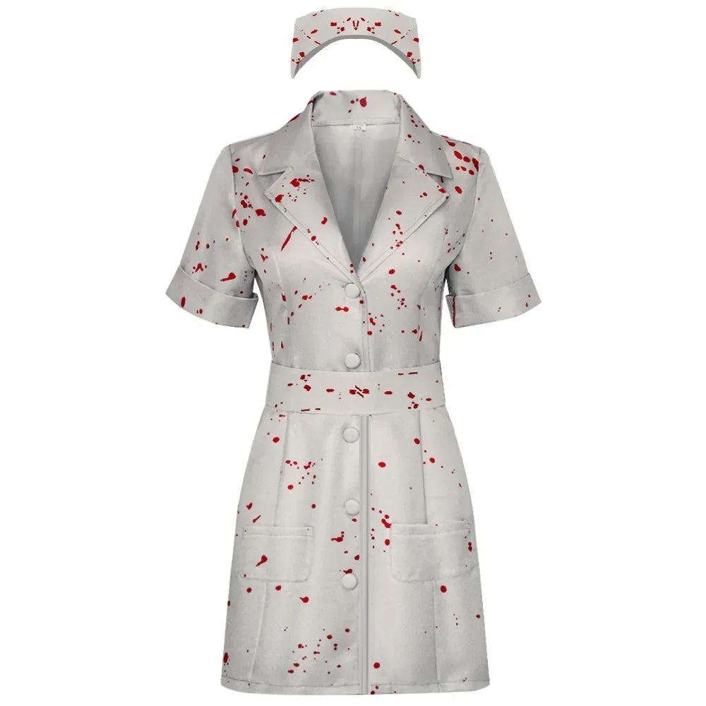 Silent Hill Nurse Cosplay Costume, Womens White Bloodstained Uniform With Belt And Hat, Halloween Fancy Dress For Comic