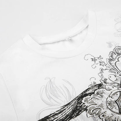 Retro Graphic Crop Top White Short Sleeve O Neck Casual T Shirt for Women y2k Aesthetic Vintage Basic Tees Ladies Clothes