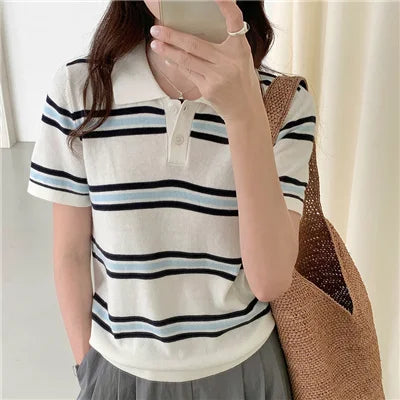 Summer 100% cotton women's T-shirt casual striped knit pullover short sleeved loose POLO collar Tees Pull fashion tops