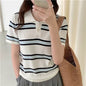 Summer 100% cotton women's T-shirt casual striped knit pullover short sleeved loose POLO collar Tees Pull fashion tops