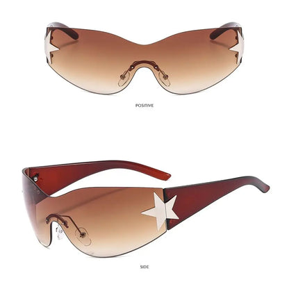 Rimless Punk Sunglasses Goggle Women Men Luxury Brand Wrap Around Sun Glasses Five Star Eyewear Sports One Piece Shades