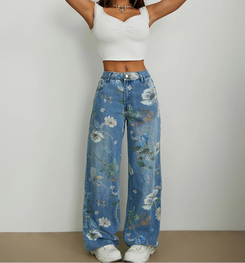 European and American-style women's printed wide-leg jeans, fashionable blue denim pants.