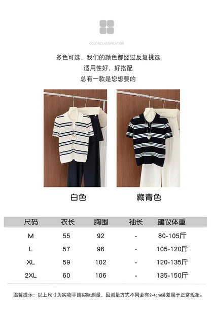 Summer 100% cotton women's T-shirt casual striped knit pullover short sleeved loose POLO collar Tees Pull fashion tops