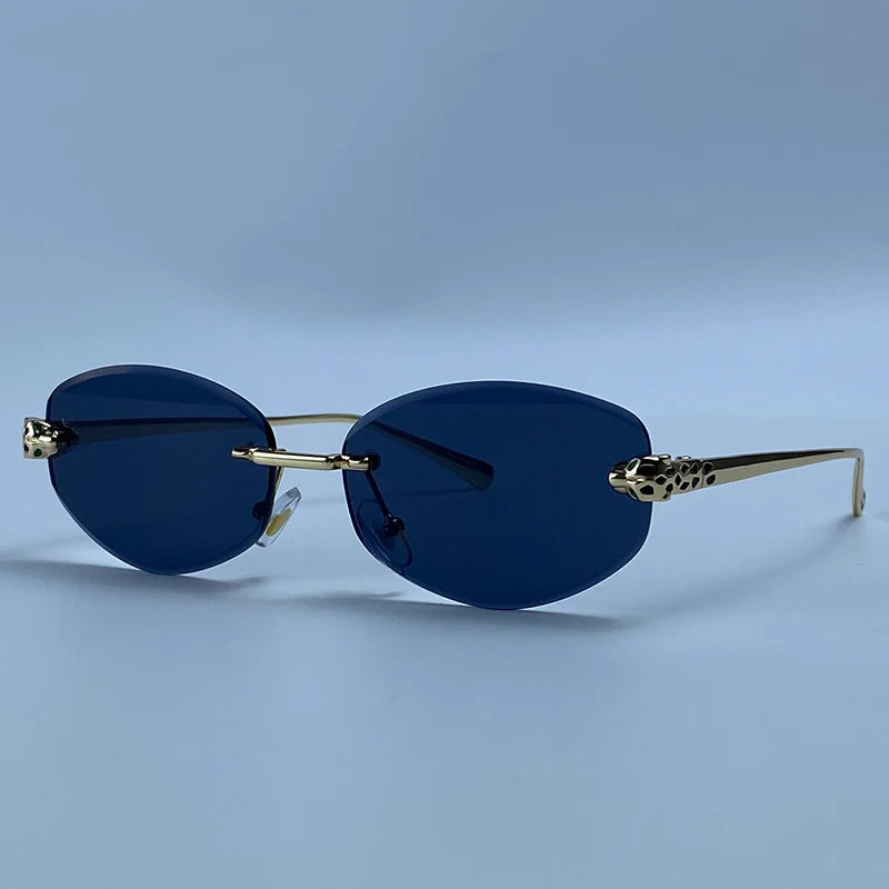 Vintage Rimless Oval Punk Sunglasses Men Luxury Designer Leopard Head Frameless Sun Glasses Hip Hop Outdoor Shades Eyewear