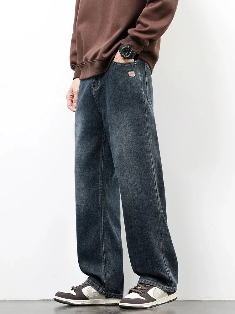 American Retro Straight Jeans Men Streetwear Loose Baggy Wide Leg Denim Pants Male Casual Trousers