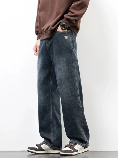 American Retro Straight Jeans Men Streetwear Loose Baggy Wide Leg Denim Pants Male Casual Trousers
