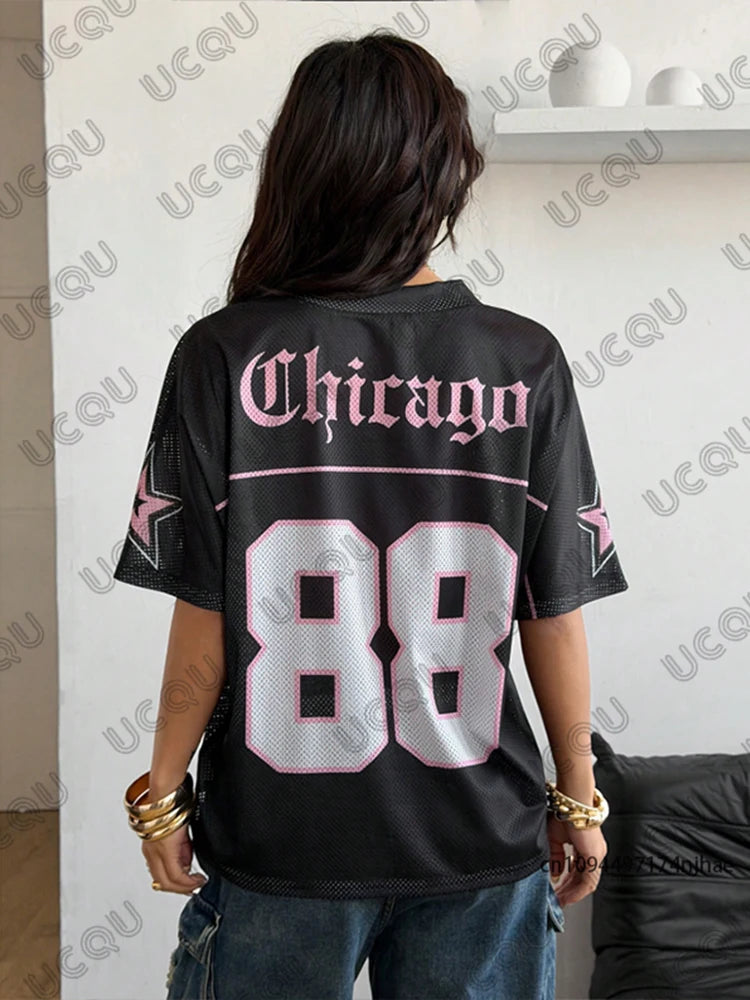 Summer New Chicago No.88 Print T Shirt For Women V-Neck Patchwork Short Sleeve Sports Football Jersey Y2K Loose Oversized Tops