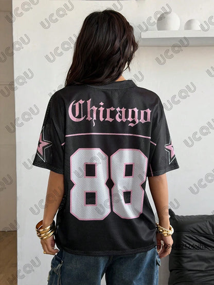 Summer New Chicago No.88 Print T Shirt For Women V-Neck Patchwork Short Sleeve Sports Football Jersey Y2K Loose Oversized Tops