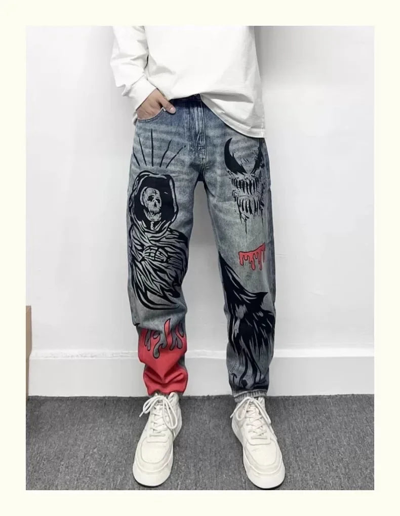 Men's Retro American Street Hip Hop Flame Skull Print Jeans Man High Street Motorcycle Denim Long Pants Baggy Jeans Men Techwear