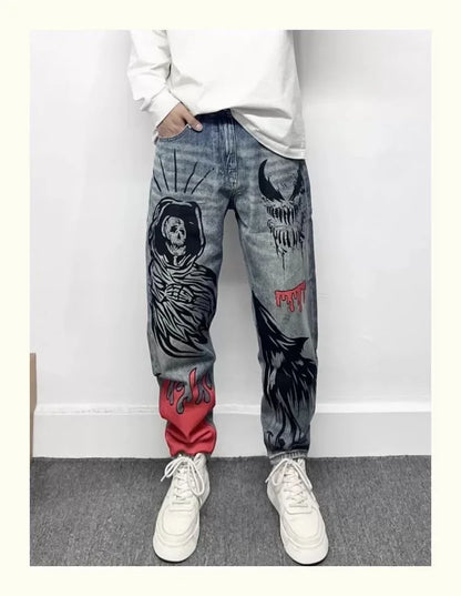 Men's Retro American Street Hip Hop Flame Skull Print Jeans Man High Street Motorcycle Denim Long Pants Baggy Jeans Men Techwear