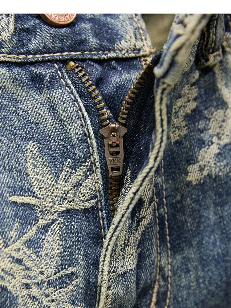 Jacquard Denim Shorts Chinese Style Straight Five-Point Pants Trendy Mid-Length Jeans New Fashion Tide Summer