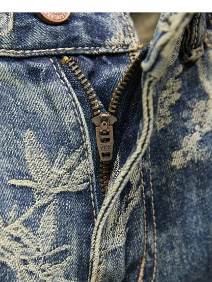 Jacquard Denim Shorts Chinese Style Straight Five-Point Pants Trendy Mid-Length Jeans New Fashion Tide Summer