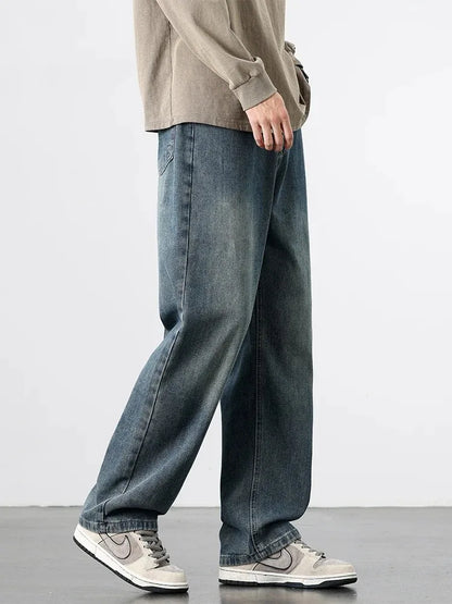 American Retro Straight Jeans Men Streetwear Loose Baggy Wide Leg Denim Pants Male Casual Trousers