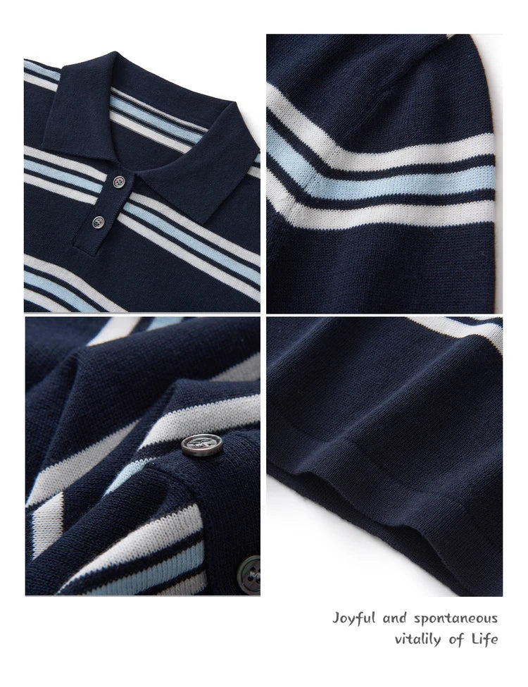 Summer 100% cotton women's T-shirt casual striped knit pullover short sleeved loose POLO collar Tees Pull fashion tops