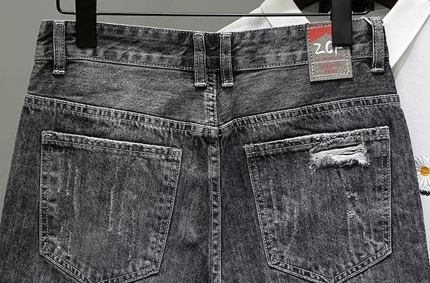 Men's Short Jeans Pants Black Gray Ripped Male Denim Shorts Designer Buttons Popular Emo New in Stretchable Wih Zipper Original