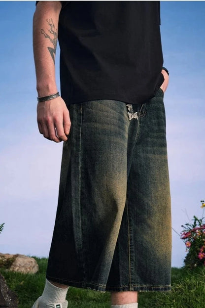 Men's Summer American High Street Retro Gradient Washed Denim Shorts Lazy Youth Trendy Ins New Versatile Casual Capri Pants