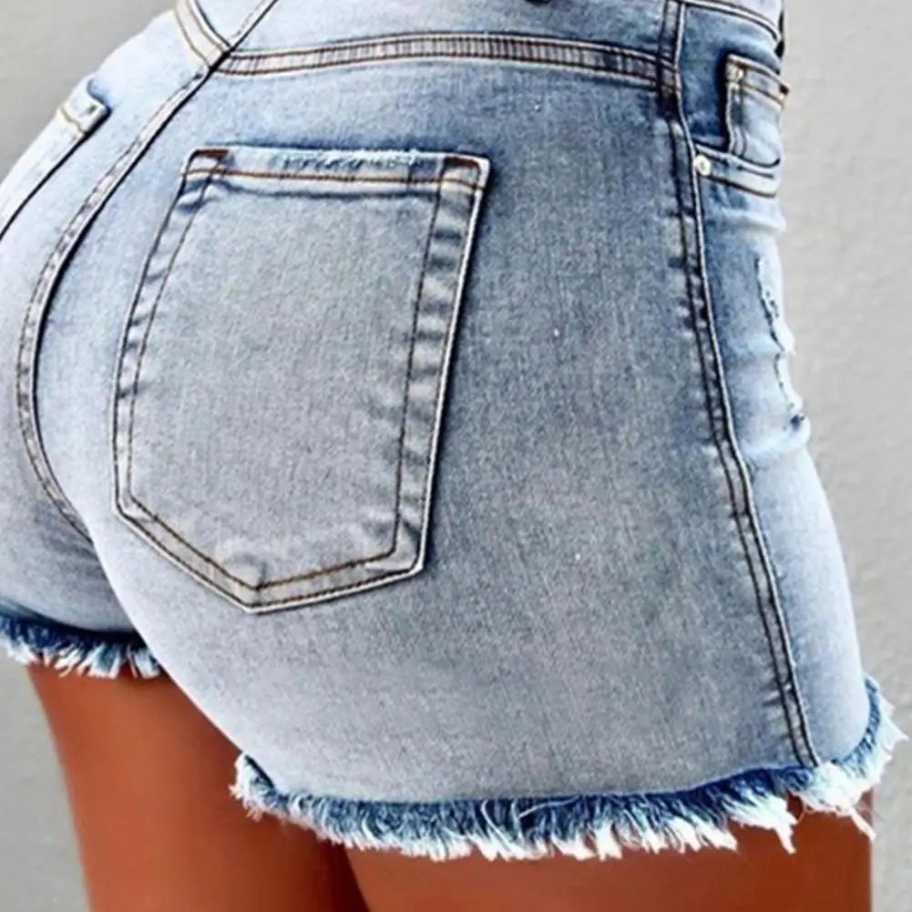 Profashion  Retro Distressed Ripped Edge Women Shorts High Waist Washed Butt-lifted Slim Fit Side Pockets Casual Club Party Short Pants