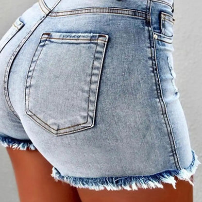 Profashion  Retro Distressed Ripped Edge Women Shorts High Waist Washed Butt-lifted Slim Fit Side Pockets Casual Club Party Short Pants