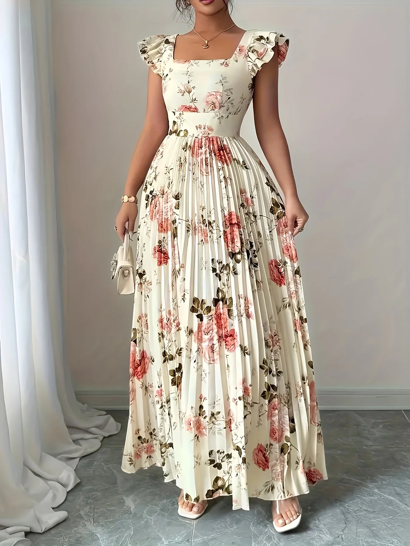 Elegant Beige Floral Pleated Midi Dress with Ruffle Square Neck and Stretch High Waist Slim Fit Party Evening Gown