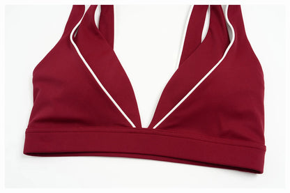 Women Deep V Neck Sports Bra Wide Strap Open V Back Contrast Piping Padded Push Up Gym Workout Top Yoga Bras Activewear Summer