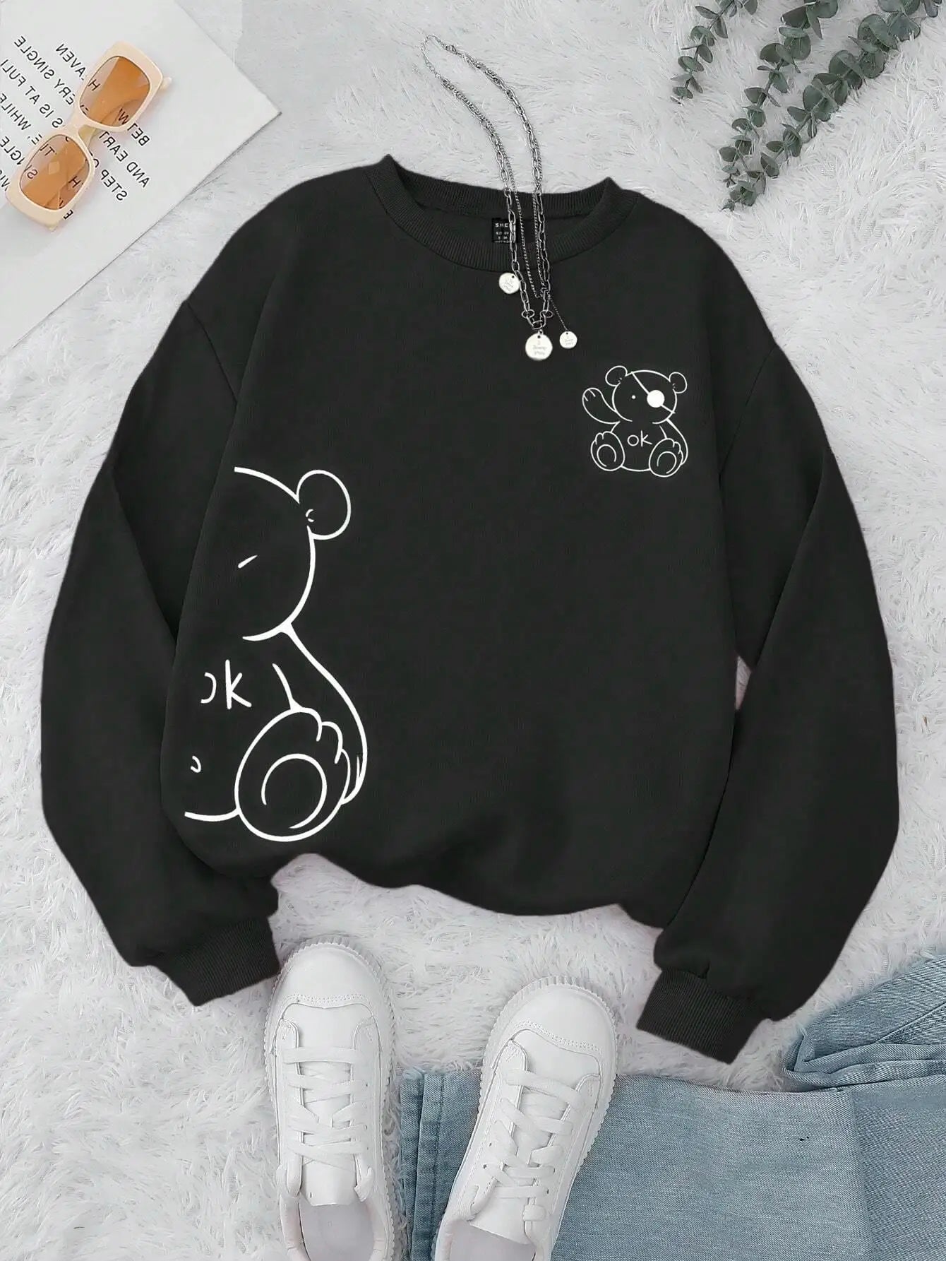 Profashion OK Teddy bear Printing Sweatshirts For Women Classic Retro Fashion Hoodies Fleece Warm Casual Clothes Loose Sportswear