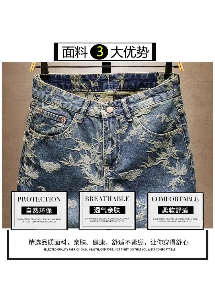 Jacquard Denim Shorts Chinese Style Straight Five-Point Pants Trendy Mid-Length Jeans New Fashion Tide Summer