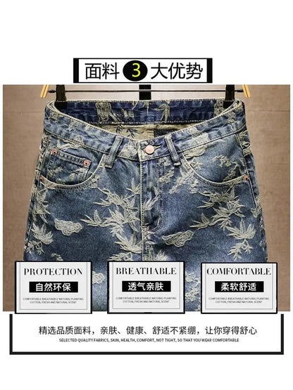 Jacquard Denim Shorts Chinese Style Straight Five-Point Pants Trendy Mid-Length Jeans New Fashion Tide Summer