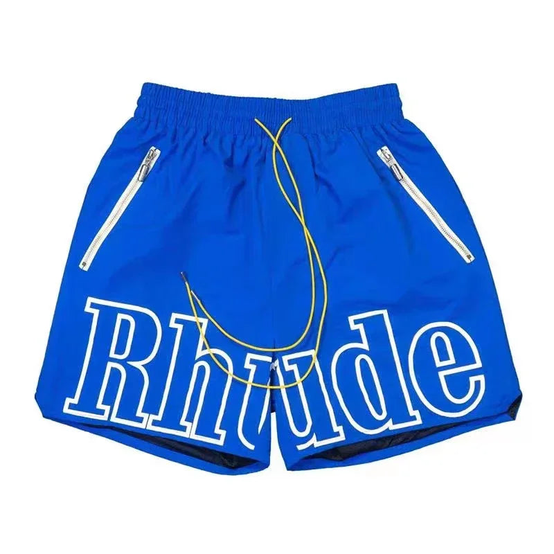 Latest Style RHUDE Men's  Casual Shorts Hip Hop Elastic Waist Drawstring Zip Pocket Summer Street Leisure Beach Shorts