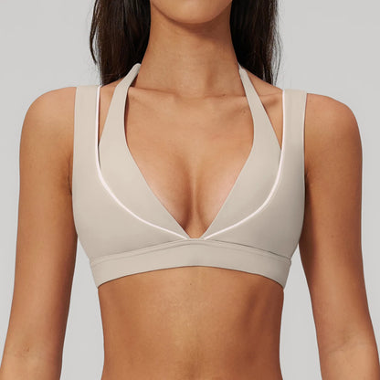 Women Deep V Neck Sports Bra Wide Strap Open V Back Contrast Piping Padded Push Up Gym Workout Top Yoga Bras Activewear Summer