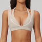 Women Deep V Neck Sports Bra Wide Strap Open V Back Contrast Piping Padded Push Up Gym Workout Top Yoga Bras Activewear Summer