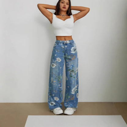 European and American-style women's printed wide-leg jeans, fashionable blue denim pants.